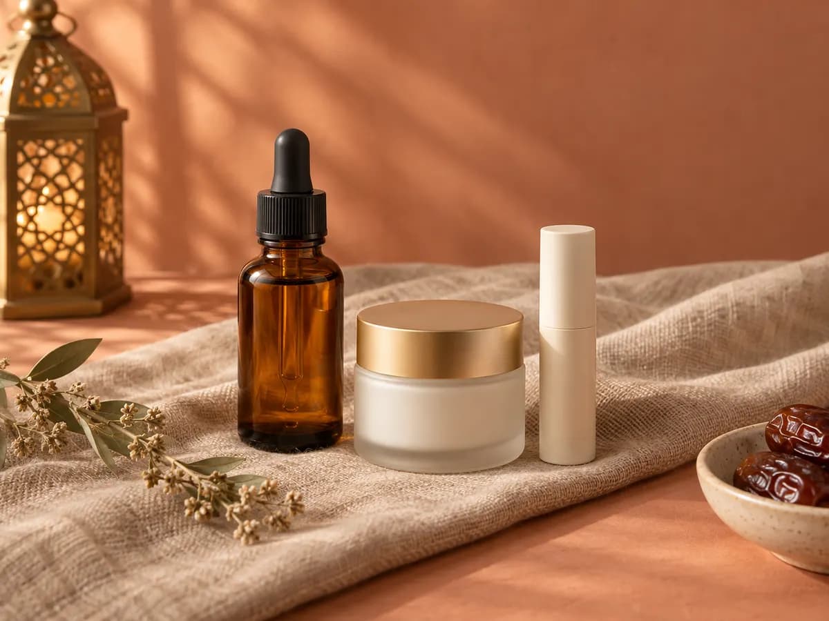 Sample product photo: a serum bottle, a cream jar and a balm tube arranged as a gift bundle
